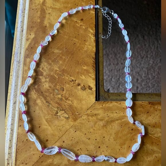 Natural Rainbow Moonstone Ruby Sterling Silver Beaded Necklace - Picture 3 of 10